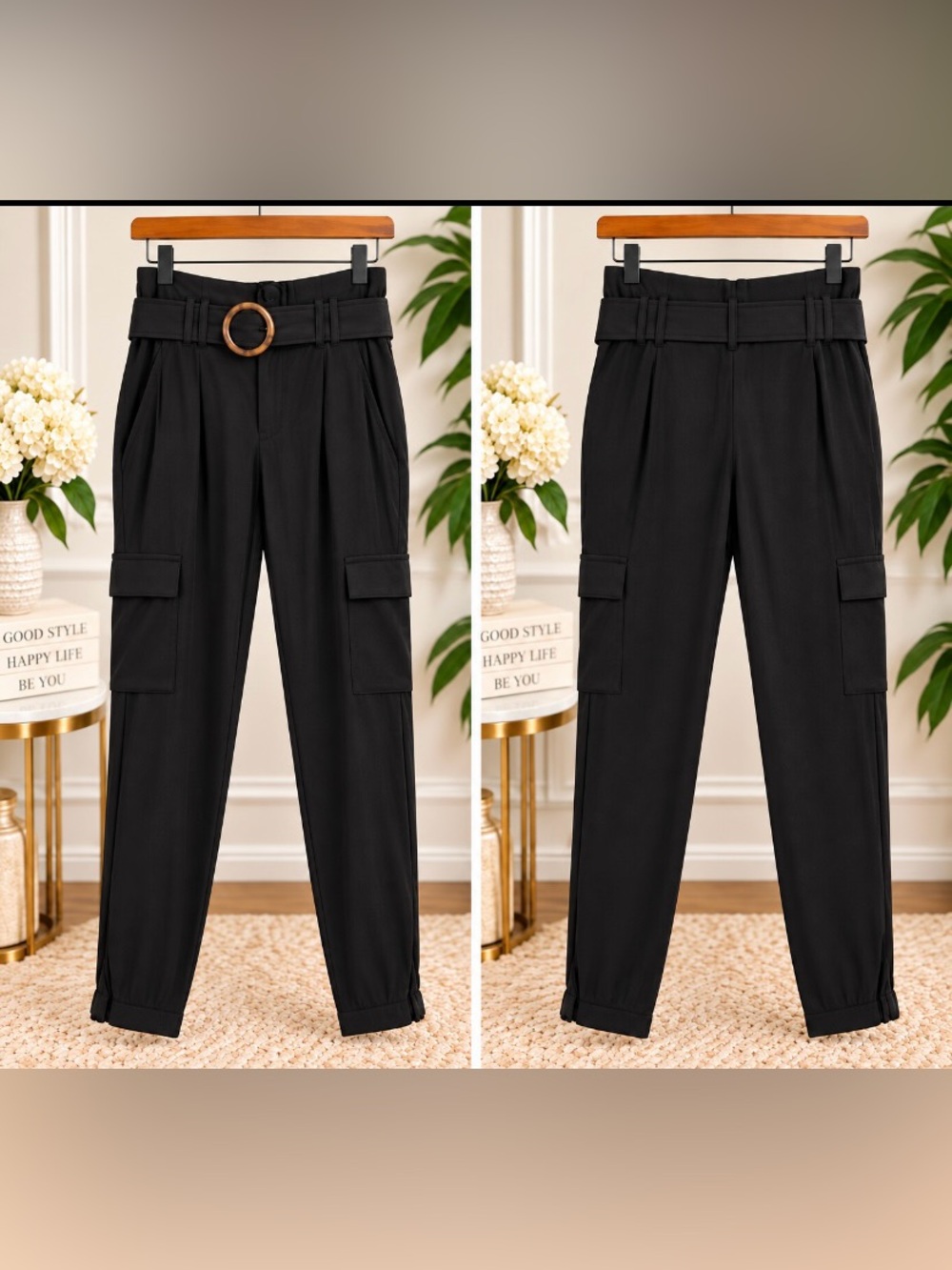 High-Waist Black Cargo Trousers with Belt